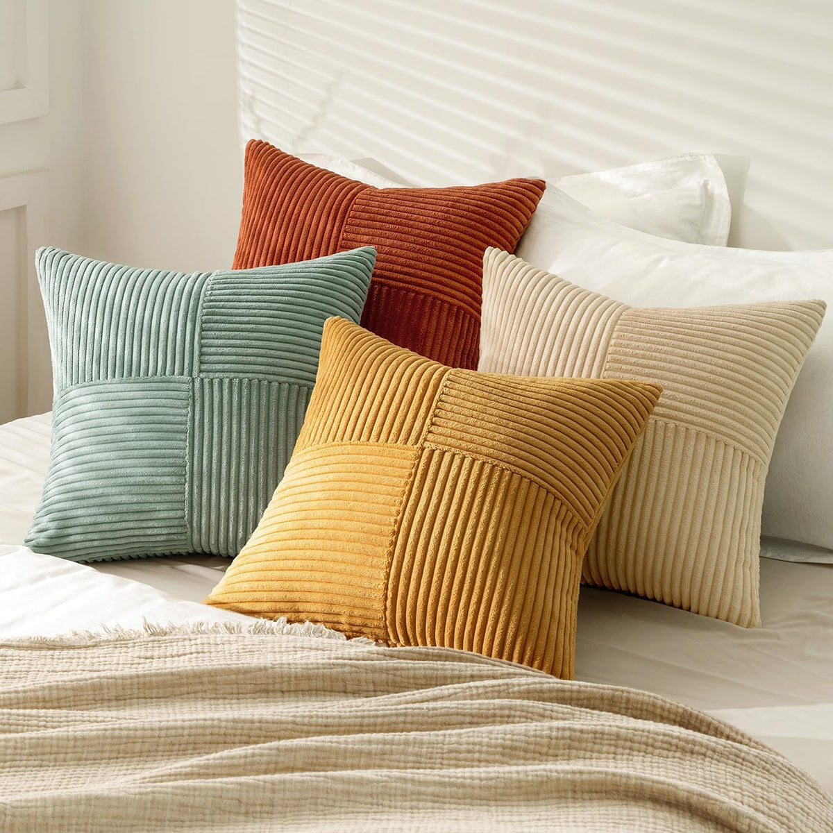 Teal Orange Decorative Throw Pillow Covers 18x18 Inch Set of 4 Boho Corduroy Striped Cushion Cases Modern Farmhouse Patchwork Pillow Cases for Couch Sofa Bedroom Home Decor