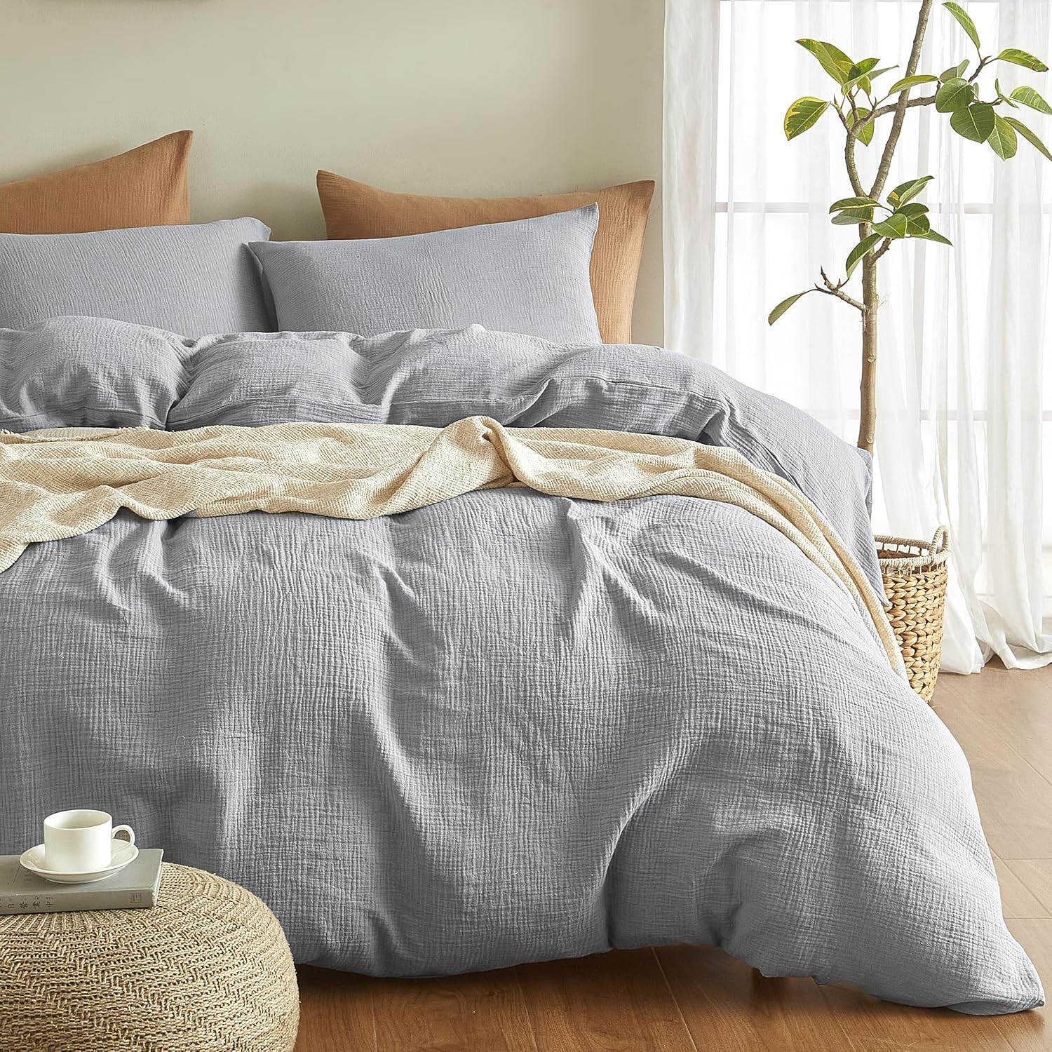 100% algodón lavado Lino Feel Super Soft Cómodo Chic Ligero 3 PCs Juego de ropa de cama para el hogar Sage Green Queen